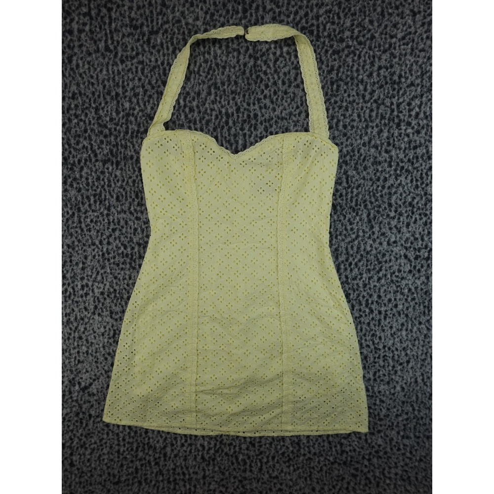 White Fox Eyelet Mini Dress Womens‎ Size S Yellow Halter Sweetheart Cotton